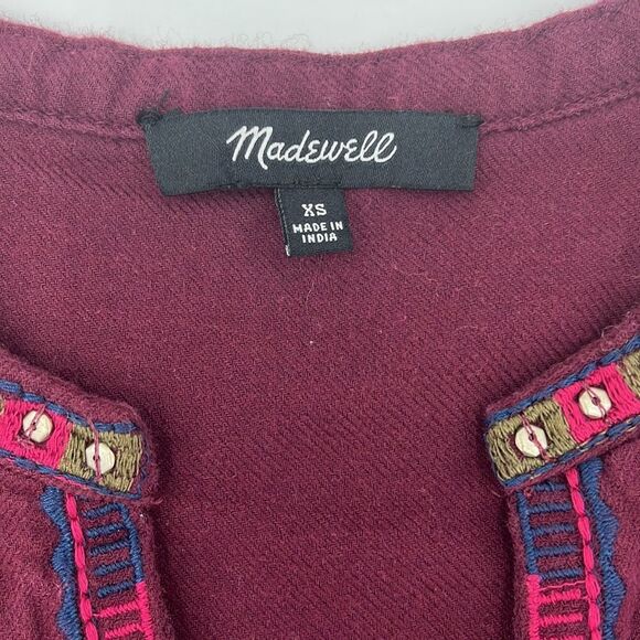 MADEWELL - Burgundy Embroidered Peasant Top (cotton/wool blend) - Size XS - Picture 3 of 7